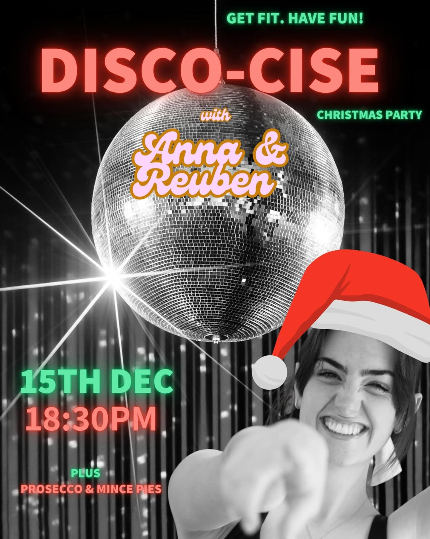 Photo by Anna Wicks in London, United Kingdom with @reubenessonparkes, and @discocise_london. May be an image of poster and text that says "GET FIT. HAVE FUN! DISCO-CISE -CISE with CHRISTMAS PARTY SAnna ФeTbeK: & 15TH DEC 18:30M PLUS PROSECCO PROSECOMINCEPILES & MINCE PIES".