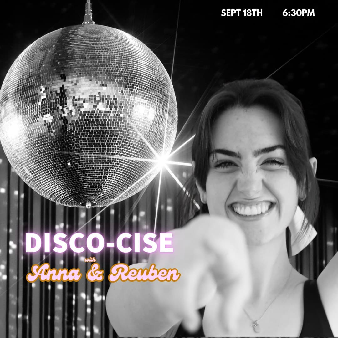 Photo shared by Riverside Studios on September 18, 2025 tagging @dancercisewithanna. May be an image of 1 person and text that says "SEPT SEPT18TH 18TH 6:30PM DISCO-CISE DISCO CO-CISE with Anna & Reuben".